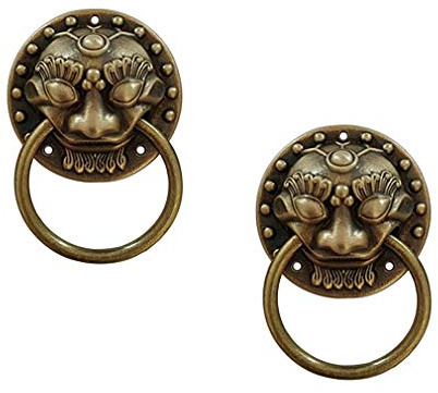 Tiazza Lot de 2 poignées en laiton antique style chinois pour armoires de cuisine, tiroirs, meubles classiques, décoration vintage tête de lion classique en cuivre pur