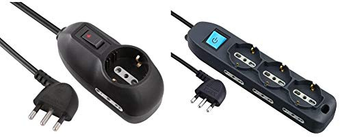 Electraline 62043 Multipresa, 3 Posti, 1 Schuko, 2 Bivalenti 10/16A, Cavo 3 M, Spina Piccola 10A, Nero, 3M & 62039 Multipresa 9 Posti Con Cavo, Nero, 3 M