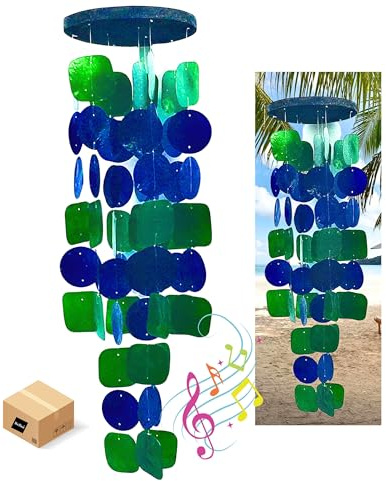 Bellaa 24858 Wind Chimes Outdoor, Garden Decorations, Musical, Indoor/Outside Windchimes, Beach, Ocean Breeze, Gifts for Mom, Gift for All Occasions, Capiz Sea Glass Shells Wood 27 inch Green Blue