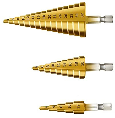 3 Pcs Paso Brocas Escalonadas, Brocas Cónicas HSS Titanio, Vástago Hexagonal, 4-12/20/32mm Cortador de Agujeros para Madera y Metal