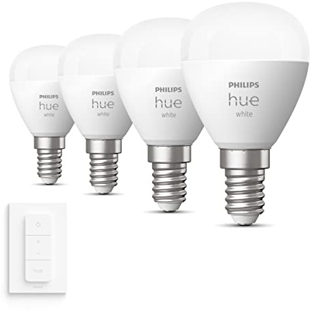 Philips Hue Vorteilspaket - E14 - mit 4 Kugel LED Lampen - Warmweißes Licht - inkl. 1 Hue Dimmschalter - Hue White