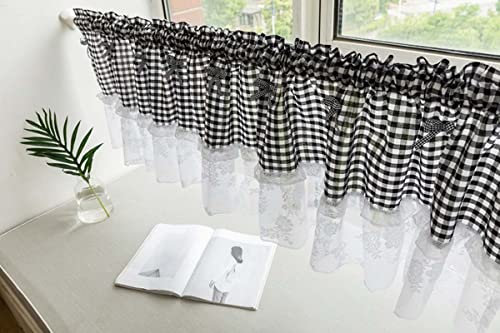Petrol Scheibengardine Leinenoptik Landhaus,Mit Spitze Kurzstore Küchenvorhänge Fenster Bistrogardine Halbtransparent Küche Kurz Halbe Gardinen Wohnzimmer,Pastorale Art Black,W150*H45CM