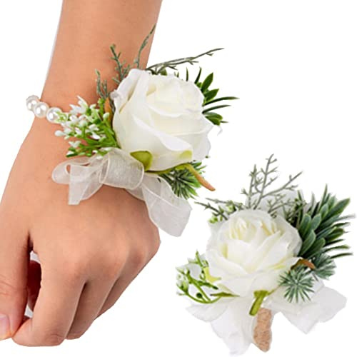 2 Stück Rosenblumen-Handgelenk-Ansteckblumen-Set, handgefertigtes künstliches Korsage-Set, Braut-Handblumen-Armband und Herren-Boutonniere für Hochzeit, Party, Abschlussball, Dekorationen (weiß)