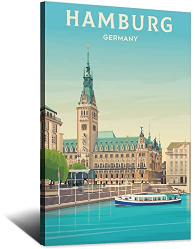 Deutschland Hamburg Vintage Reiseposter Hafenstadt Leinwandkunst Poster Gemälde Bilder Wandkunst Drucke, Wanddekoration für Schlafzimmer, Home Office Decor Party Geschenke 40 x 60 cm
