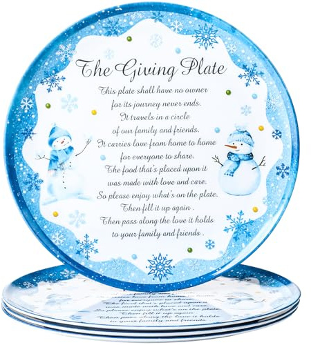 Sliner Set of 4 Christmas Giving Plates 10 x 10 Inch Snowman Plates with Snow Trim and Warm Words Holiday Decorative Plate for Sharing Love and Treats Xmas Gifts