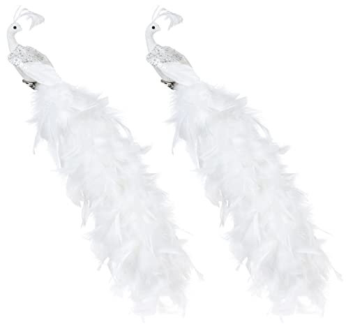 LKPOMI 2er-Pack Glitzernde Pfauen-Ornamente, Künstliche Pfauenvögel, Weihnachtsschmuck, Lange Schwanzfedern, Pfauen-Clip-Ornamente für Weihnachtsbaumschmuck(Weiss)