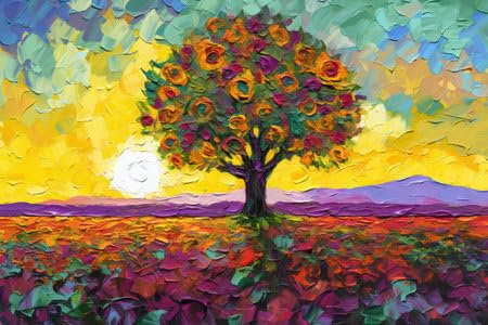 adrium AluVerbund-Bild 60 x 40 cm: Abstrakter Baum mit Blumen im Feld im Sonnenuntergang, digitale Malerei (207952359)