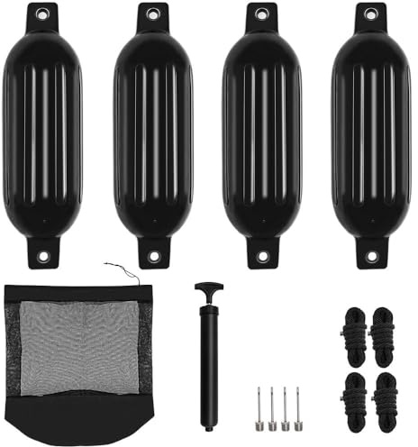 GDHSWJ Boat Fenders, Boat Bumpers for Docking 4 Pack Boat Fender 6.5 x 23 Boat Buoys Bumpers with 4 Ropes, 4 Needles and 1 Pump for Pontoon Boat Speed Boats Sail Boat Docks,Black