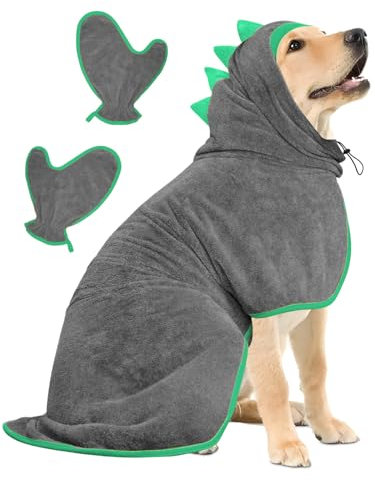 Hundebademantel Schnell Trocknend Badetuch aus Mikrofaser, Bibykivn Einstellbar Hundehandtuch mit Klettverschluss, Saugfähiger Hunde Bademantel mit Hut für Mittlere Kleine Hunde (Grau grün, M)