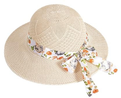 Comforso Stroh-Sonnenhut für Damen, Faltbarer Floppy-Strohhut, breite Krempe, Sommer-Strandhut mit Schleife, Sonnenhüte für Damen, Outdoor, Reisen, Urlaub, UPF 50+