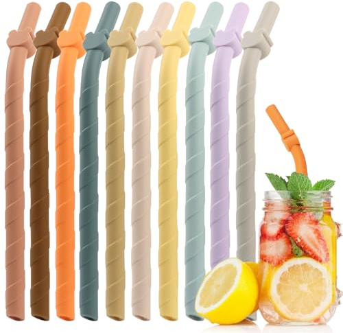 RoadLoo Lot de 10 Pailles en Silicone,Pailles Réutilisables en Silicone avec Brosse de Nettoyage Paille Colorées Spirales Pliées sans BPA 10mm Paille Costume pour Les Boissons Froides ou Chaudes