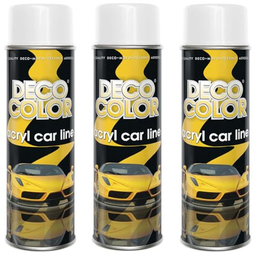 Deco Color 3er Sparpack ACRYL CAR LINE WEISS GLANZ RAL 9010 in 500ml - Lackspray für z.B. KFZ, Auto, Motorrad, Alufelgen, Stahlfelgen (3 Dosen 500ml Weiss GLANZ)