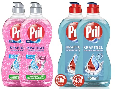 PRIL Kraftgel-Set 2x Power & Perlen Granatapfel & Orangenblüte & 2x Hygienische Frische, Handgeschirrspülmittel-Set mit höchster Fettlösekraft, für sauberes Geschirr, 4x 450ml