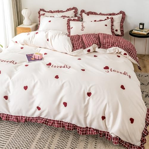 Rüschen Bettwäsche 135x200 4Teilig Rot Herzen Mädchen,aus Mikrofaser | Oeko-TEX zertifizierte,Aesthetic Wendebettwäsche für Allergiker,Romantisch Bettbezug 2 Kissenbezüge 80x80 mit Reißverschluss