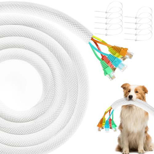 Cat Dog Cord Protectors from Pets No Chew 10ft - 4/5inch，Rabbits Cable Sleeves Cord Management Puppy Proof Covers, Wire Loom Critter Cord Charger Protector Heavy Duty Split Sleeve Automotive Tv，White