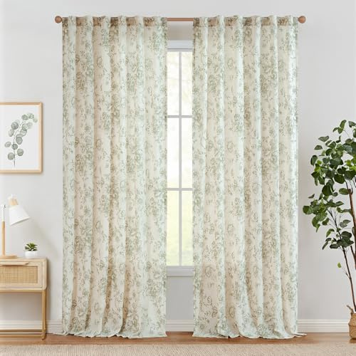 TOPICK Leinen Gardinen Floral Vorhänge mit verdeckten Schlaufen Lichtdurchlässig Bauernhaus Lang Gardinen Fensterschal für Wohnzimmer Schlafzimmer Fenster,2er Set 140 B x 245 H (cm),Grün auf Beige