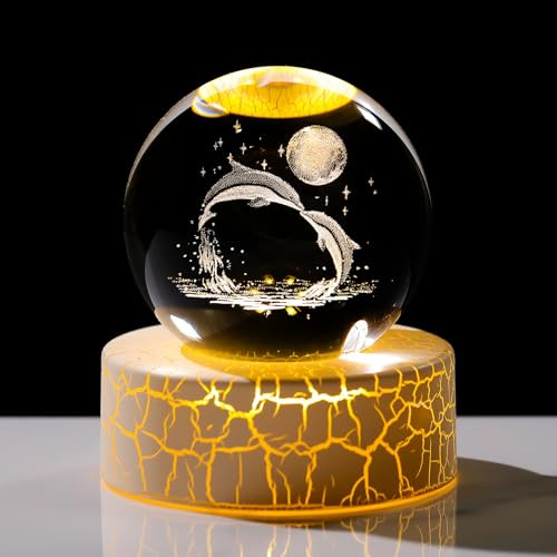 Movdyka Figurine de dauphins 3D en cristal de 6 cm - Cadeau pour femme - Sphère d'art animal en verre pour chambre avec base lumineuse chaude - Souvenirs pour les amateurs de dauphins pour