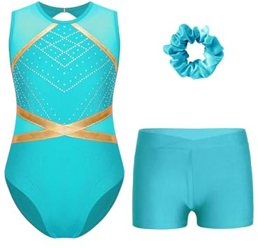 iEFiEL Mädchen Turnanzug Glitzer Strass Gymnastikanzug Tanzbekleidung Set mit Haarband Glänzende Leotard und Shorts Gymnastik Outfits Blau Grün 158-164