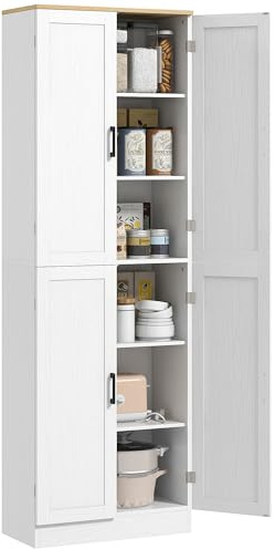 HOMCOM 67 Freestanding Kitchen Pantry, 4-Door Storage Cabinet Organizer with Adjustable Shelves, Kitchen Cabinet with Doors and Shelves, Distressed White