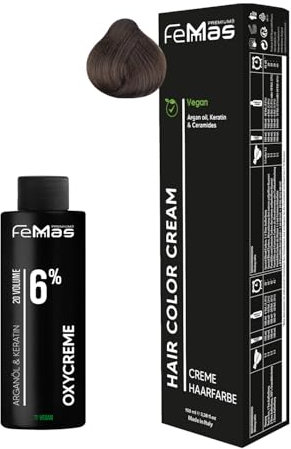 Femmas Haarfarbe Set Dunkelblond Gold 6.3 I Hair Color Cream 100ml + Oxycreme 100ml 6% I Permanente Haar-Coloration + Entwickler I Schonend & langanhaltend I Salon-Haarfarbe für Zuhause