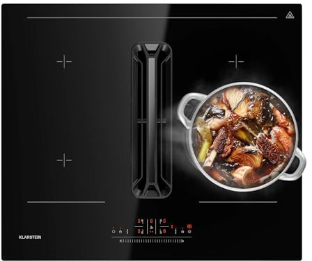 Klarstein DownAir AirJet 60 - Placa de Inducción con Extractor Integrado, 600 m³/h, Booster 10000 W, VarioHeating, Clase A+, Panel Táctil, Vidrio y Acero Inoxidable, 60×2,6×51,5 cm