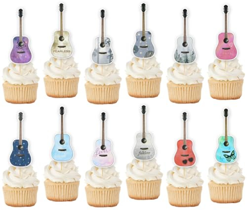 24 Pcs Rock Guitar Cupcake Toppers,Retro Music Theme Guitar Party Cake Cupcake Toppers Photo Booth Props Birthday Cake Decoration for Musician Music Lover Rock Music Baby Shower Party Supplies