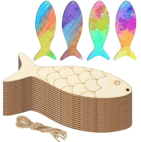 30 Stück Fische Deko,Fischornament Aus Holz Mit Hanfseil | Holzschild In Fischform,Einfärbbar unfertige leere Holzschilder,für Zum Bemalen Von Diy Ozean Tier Thematische Party