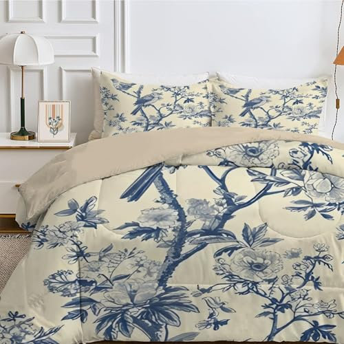 SYHIEGO Blumen Bettdecke 135x200 cm, 4-Jahreszeiten Steppdecke, Waschbare Ganzjahresdecke ohne Bezug, Vögel Muster Weiche Schlafdecke, Einzelbettdecke, Beige -Ea280