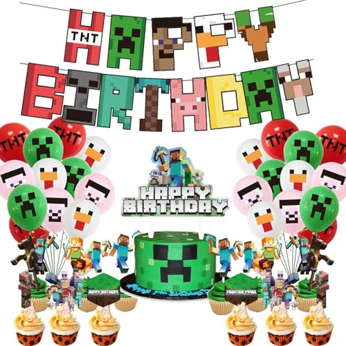 Pixel Geburtstagsdeko, Pixel Stil Alles Gute zum Geburtstag Banner, Pixel Gamer Thema Party Dekoration, Video Game Party Zubehör, Spiel Partyzubehör Set, Happy Birthday Banner Cupcake Toppers
