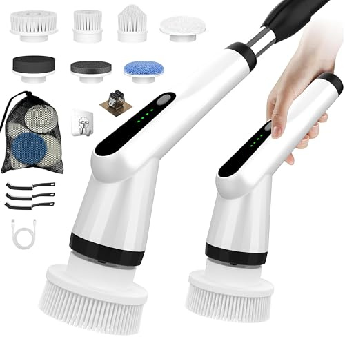 Brosse Nettoyage Electrique, 7 en 1 Brosse Rotative Nettoyage IPX7 Étanche, 2 Vitesses et Manche Réglable pour Salle de Bain, Cuisine, Voiture (Blanc)
