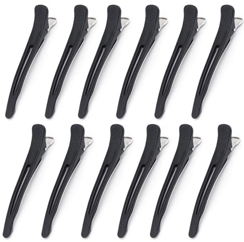 XUKZIMA 12 pièces Pinces Crocodile pour Cheveux Femme, Sans Trace, Antidérapantes, Pour le Coiffage et la Coupe, à Bec de Canard Pratiques, Plate (Noir)