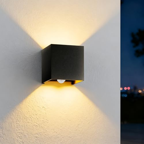 12W Außenlampe mit Bewegungsmelder,IP65 Wasserdichte LED Wandleuchte Innen/Aussen,3000K Außenleuchte mit Up Down Einstellbar Abstrahlwinkel,Aluminum Wandlampe Aussenlampe Wand für Wohnzimmer Garten