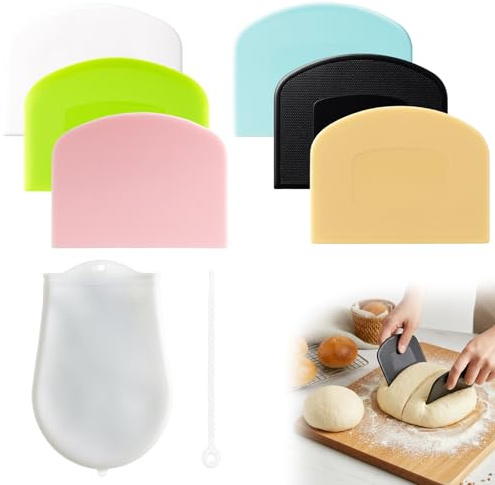 6 Pack Dough Scrapers and 1 Silicone Dough Bag, Bench Scraper and Cutter Set for Baking, Cutting, and Shaping, Ideal for Bread, Pizza, and Pastry, Includes 6 Colors