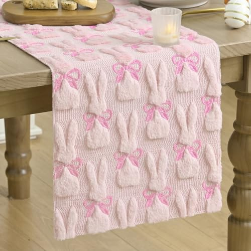 Artoid Mode Weich Plüsch Samt Stickerei Rosa Hasen Schleife Ostern Tischläufer, Frühling Küche Tisch Urlaub Party Dekor 33x183 cm