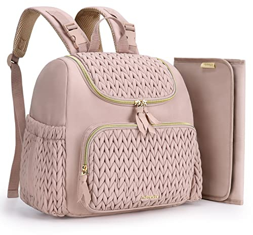 MOMMORE Changing Bag Mini Backpack, Stylish Maternity Baby Bag with Insulated Pockets, Foldable Changing Mat, Stroller Straps, Daily/Travel-Friendly, Pink