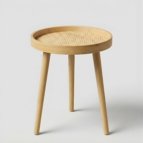 GBS Round Bamboo Rattan Side Table Outdoor & Indoor - Boho Small Round Side Table with Woven Rattan Tray Top, Natural Bamboo Legs - Living Room Table (40 x 40 x 48 cm)