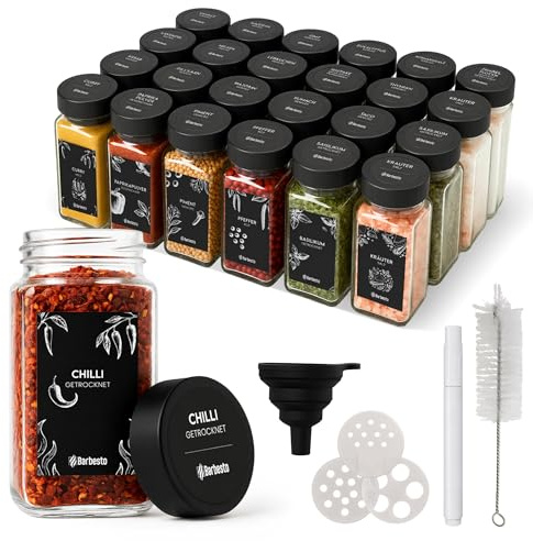 CLP Gewürzgläser eckig 24er Set (120ml), Gewürzstreuer klein mit Streueinsätzen und Etiketten, inkl. Trichter und Reinigungsbürste Farbe schwarz Material Kunststoff