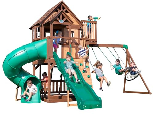 Backyard Discovery Skyfort All Cedar Swing Set, Elevated Covered Wood Roof Clubhouse with Bay Windows, 2 Belt Swings, Web Swing, 10ft Wave Slide, 5 ft Tube Slide, Covered Picnic Table, 5 ft Rock Wall