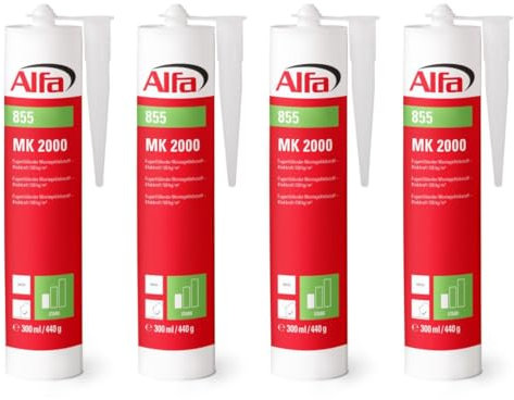 4x Alfa Montagekleber MK 2000 extra stark 440 g weißer Montagekleber mit hoher Anfangshaftung zur Befestigung von Sockelleisten