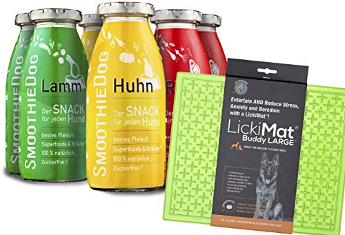 Lickimat L 30,5x25,5cm mit SmoothieDog Hundesmoothie 6er Mix Klassik - 100% getreidefrei, natürlicher Hundesnack für alle Hunde, 3 leckere Sorten - Lamm, Rind, Huhn, 6X 250 ml, Farbe Grün