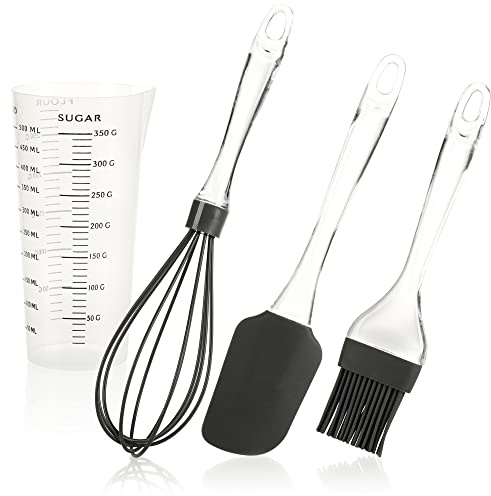 com-four® 4-teiliges Backset mit Teigschaber, Pinsel, Schneebesen und Messbecher - Backzubehör - aus Silikon und Kunststoff (4-teilig - grau)