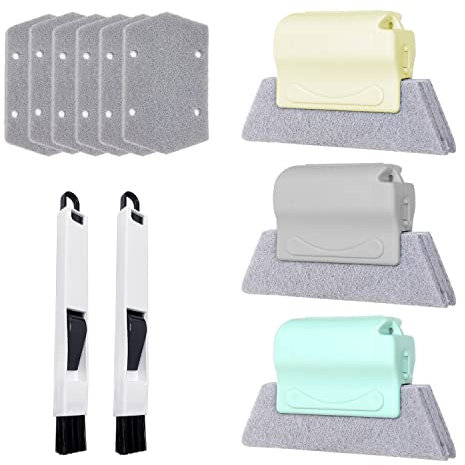 Set di 3 spazzole di pulizia per fessure per finestre (metro, grigio, verde) e 6 cotone di ricambio, 2 spazzole nere, spazzola per la pulizia a mano per guida della porta, strumento di pulizia.