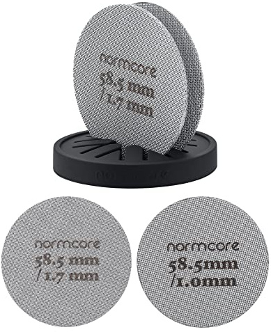Normcore Puck-Sieb, 2 Stück, 58,5 mm, mit Ständer, wiederverwendbares Kontakt-Duschsieb mit Silikonhalter, 1,7 mm/1,0 mm Dicke kompatibel mit Espressomaschine mit 58 mm großem Siebträgerkorb