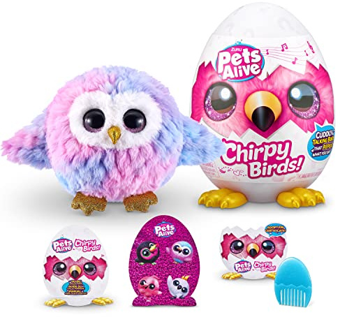 Pets Alive Chirpy Birds (OWL) by ZURU, Electronic Pet That Speaks, Giant Surprise Egg, Stickers, Comb, Fluffy Clay, Bird Animal Plush for Girls