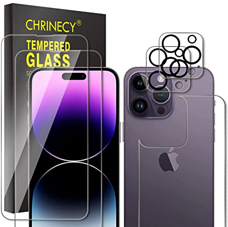 CHRINECY 2+1+2 Pack Screen Protector for iPhone 14 Pro Max | 2 Front, 1 Back and 2 Camera Lens Protectors, 9H Hardness, HD Clarity, Anti-Scratch, Case Friendly