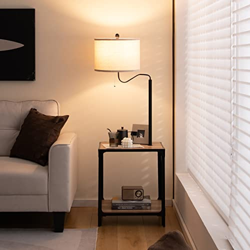 COSTWAY Lampadaire sur Pied Salon avec Table d'Appoint 2 Port USB et Bras de Lampe Rotatif à 360°, Lampe Salon sur Pied 144 cm avec 2 Étagères Ouvertes, Montage Facile