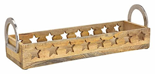 Spetebo Mango Holz Kerzen Tablett mit Metall Griffen - 44 cm - Advent Weihnachten Winter Tisch Deko Kerzenteller