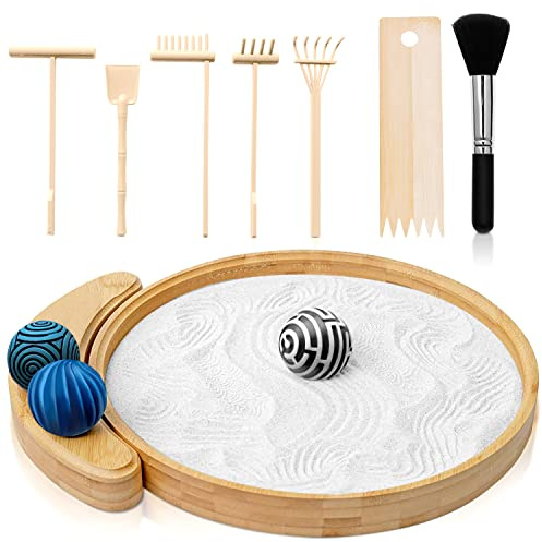 Japanese Zen Garden Kit for Desk | 9.5 Bamboo Sand Tray | 3 Resin Stamp Spheres | Meditation Accessories | 6 Mini Garden Rake | Decor Gifts