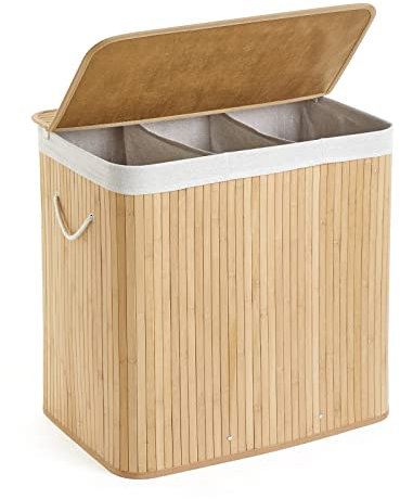 Mondeer Bamboo Laundry Basket Foldable with 3 Sections Storage Hamper with Removable Washable Lining Washing Hamper Bin, 150L, 61.5 x 40 x 60 cm, Natural