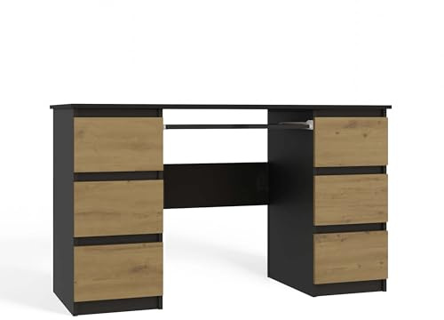 CDF Schreibtisch Computertisch Arbeitstisch für Home Office Jugendzimmer Bürotisch mit 6 Schubladen und Tastaturauszug Modernes Design Stabil 130 x 51 x 76 cm - Anthrazit/Artisan